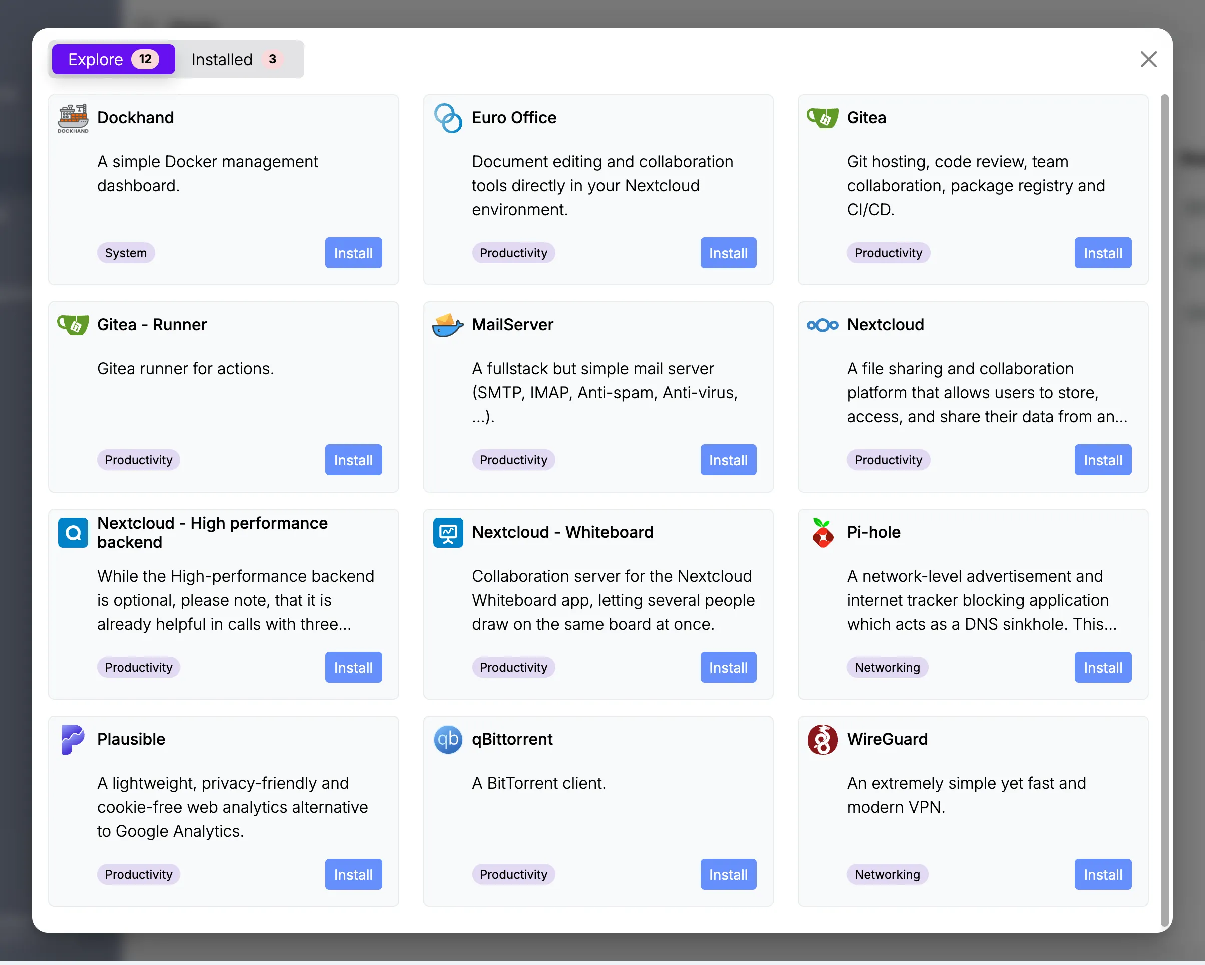 The App center, listing the apps that can be installed, each with a description and an Install button.