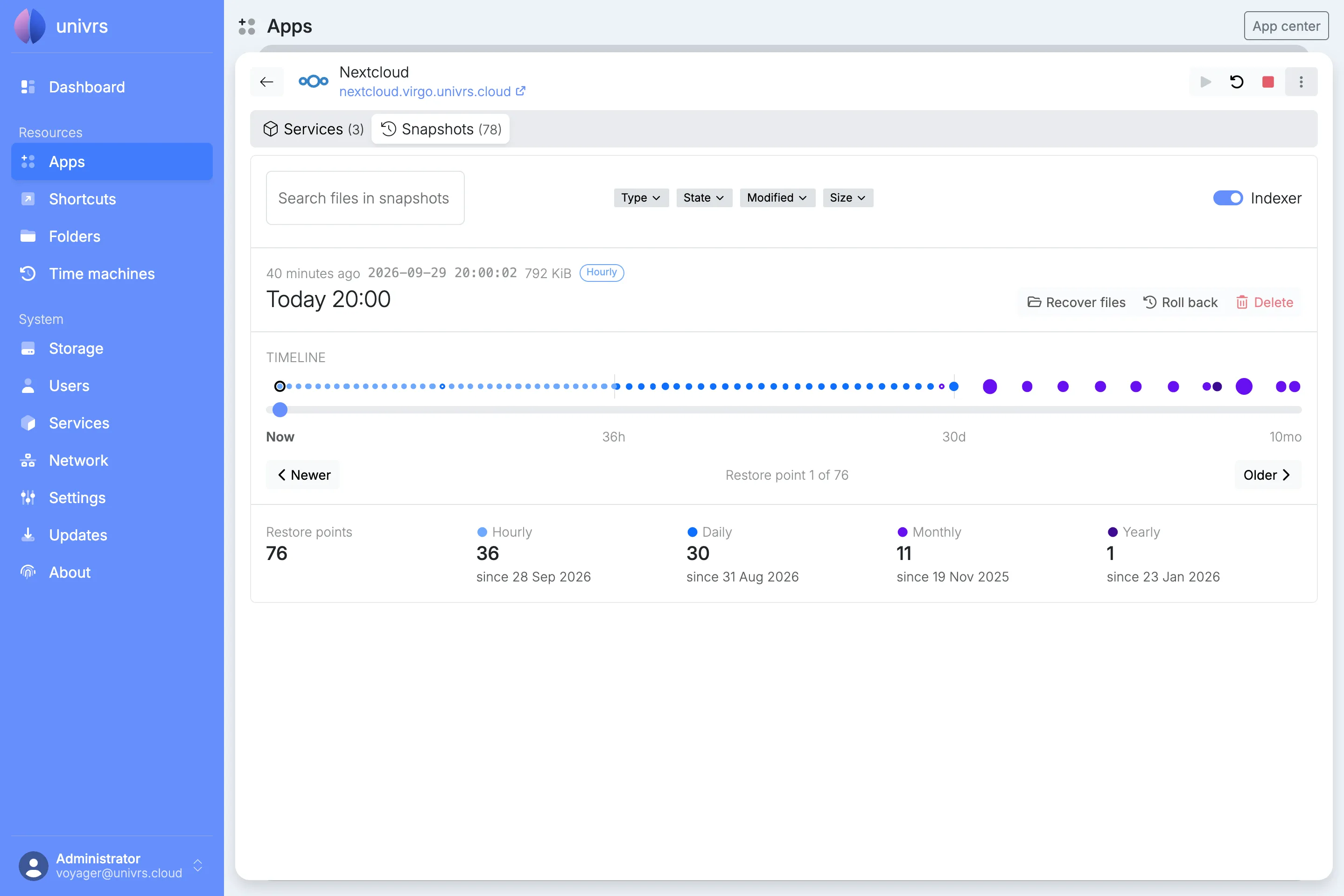 Nextcloud’s snapshots on a timeline, with 76 restore points kept by the hourly, daily, monthly and yearly schedules.