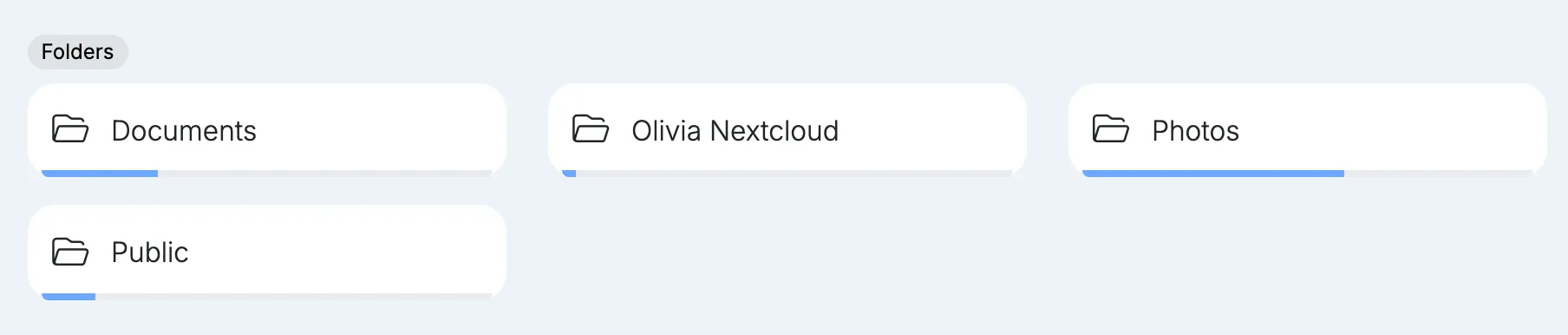 The folders on a node’s Dashboard: Documents, Olivia Nextcloud, Photos and Public, each with a bar showing how much of its capacity is used.