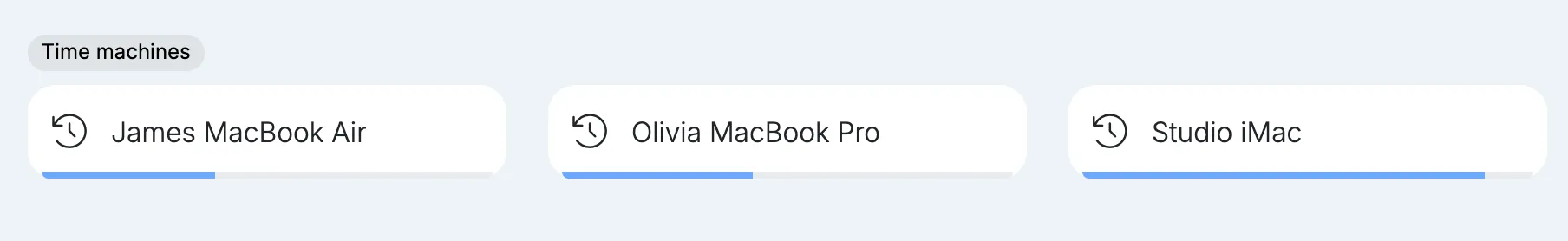 The time machines on a node’s Dashboard, one for each Mac: James MacBook Air, Olivia MacBook Pro and Studio iMac.