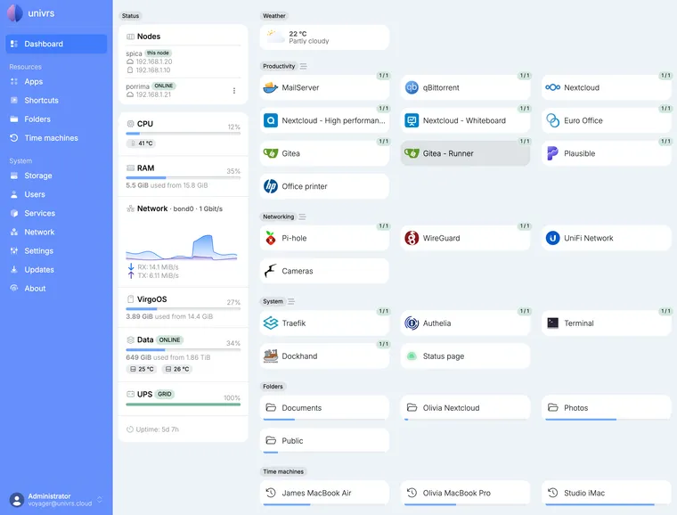 The Dashboard of a virgoOS node, with its status on the left and its apps, folders and time machines on the right.