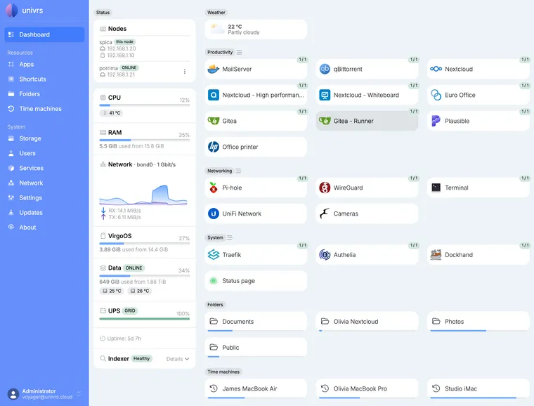 The Dashboard of a virgoOS node, with its status on the left and its apps, folders and time machines on the right.