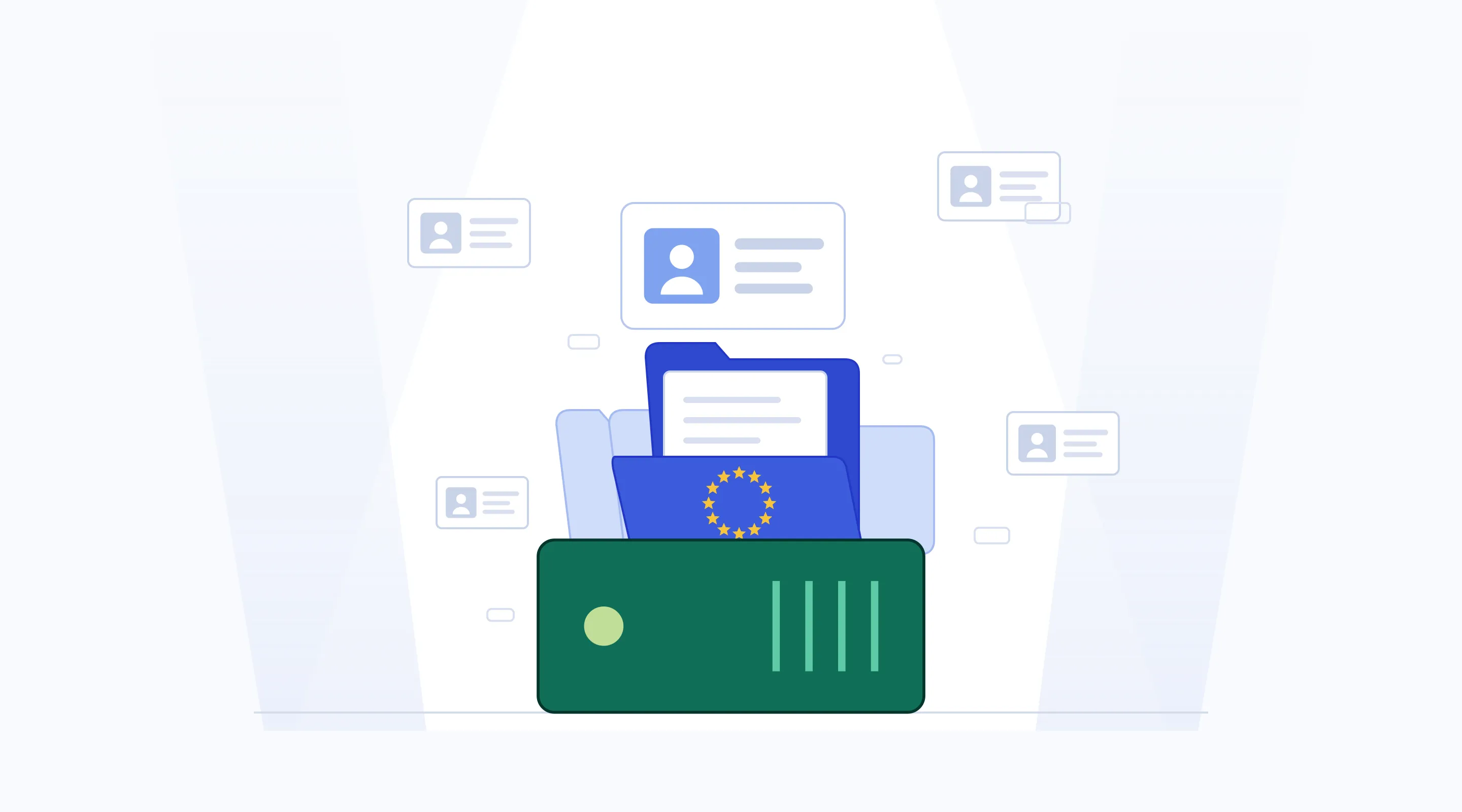 Folders and ID cards with people's details, kept on a virgoOS node, with the twelve stars of the EU flag on the open folder.