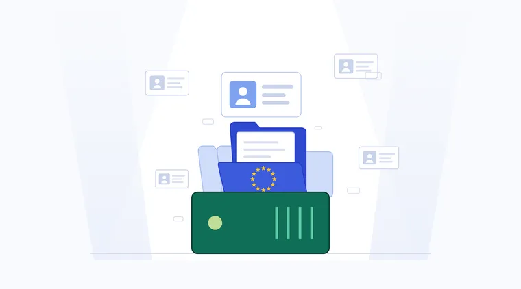 Folders and ID cards with people's details, kept on a virgoOS node, with the twelve stars of the EU flag on the open folder.