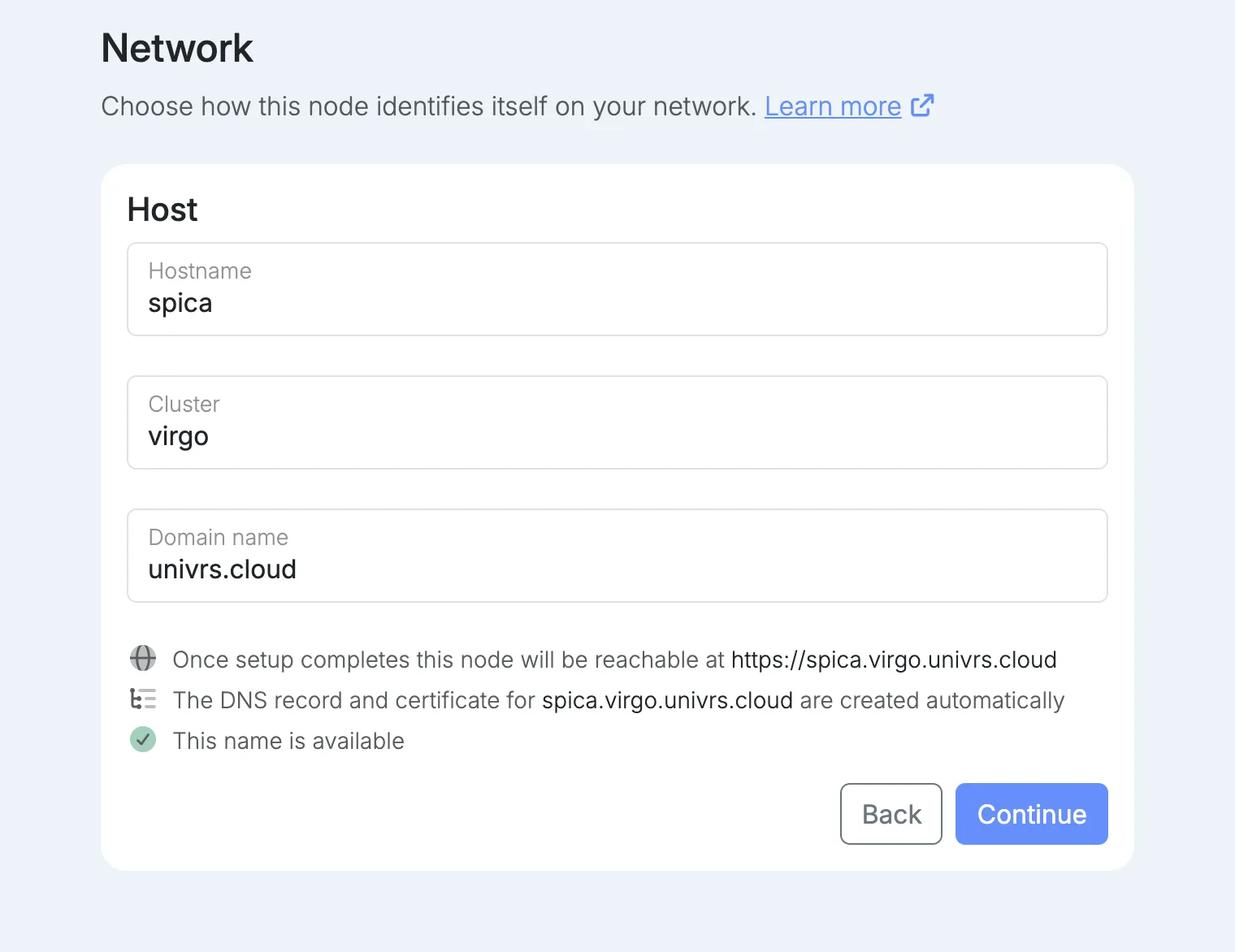 The Network step of setup, with the hostname, cluster and domain name of the node.