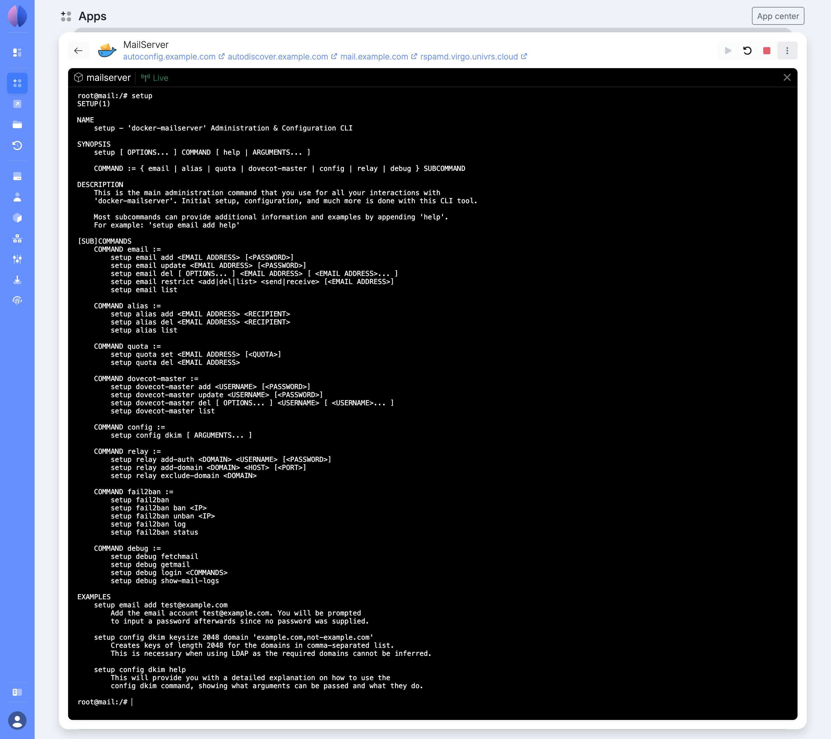 The terminal of the mailserver container, opened from MailServer’s details, after typing setup, with the full list of what the command can do.