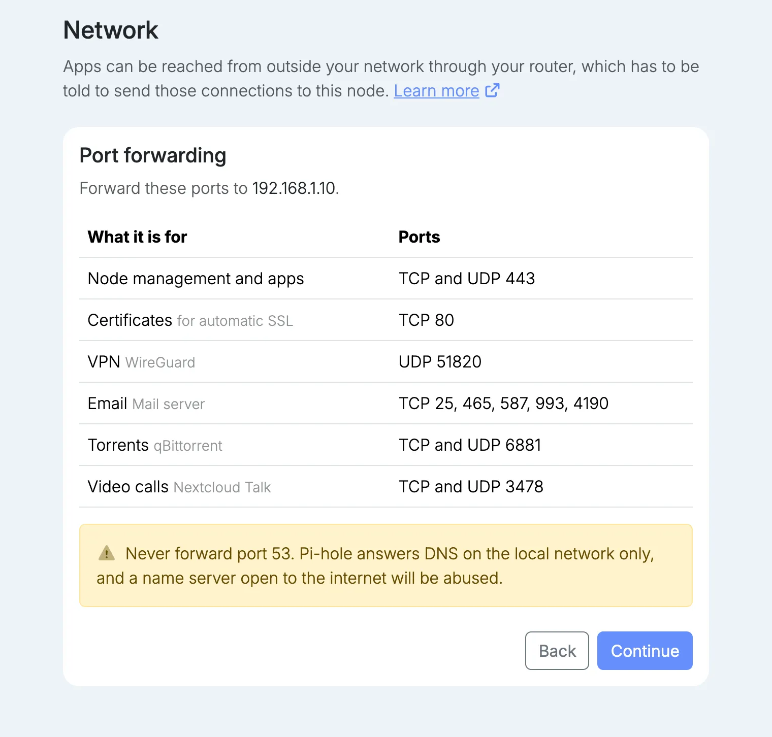 The port forwarding step of setup, listing the ports to forward to the node, among them UDP 51820 for the WireGuard VPN.