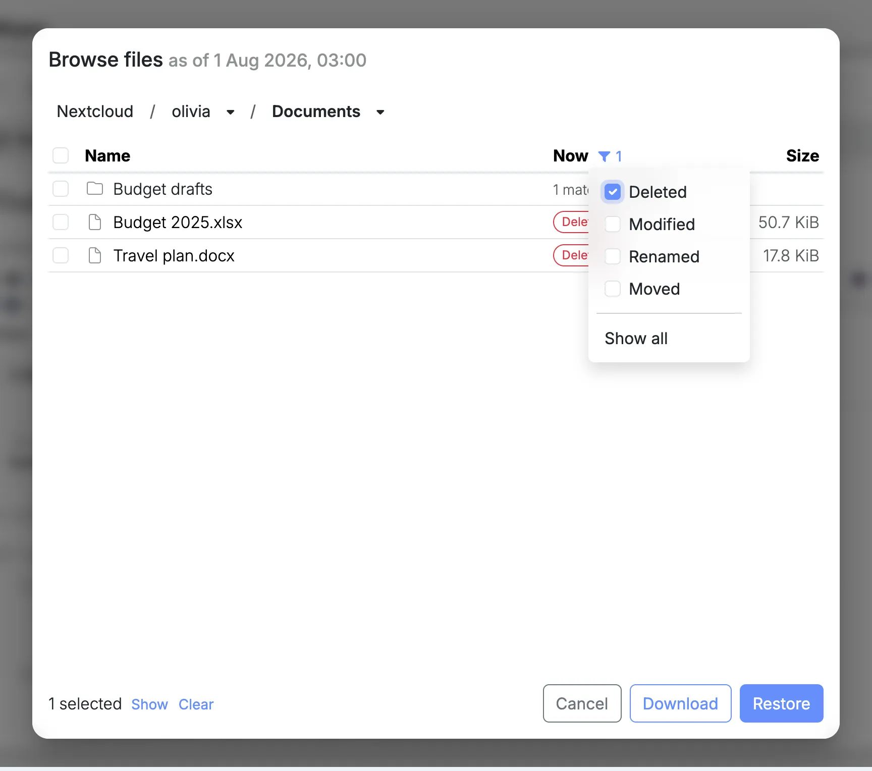Browse files as of 1 August, showing only what was deleted from Olivia’s Documents folder since: two files, and a folder with one match inside.