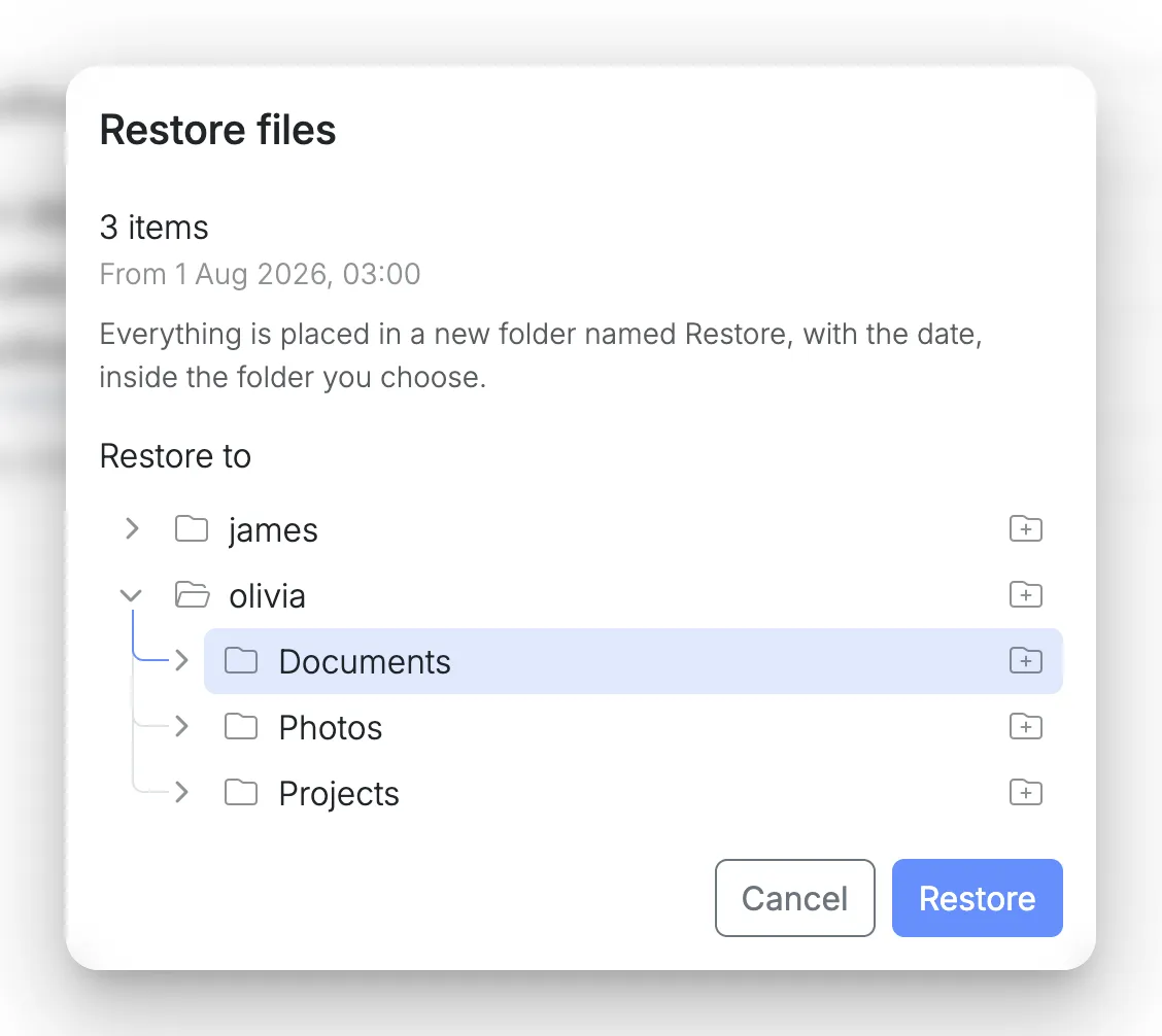 Restore files, with three items from 1 August going to Olivia’s Documents folder, in a new folder named Restore with the date.