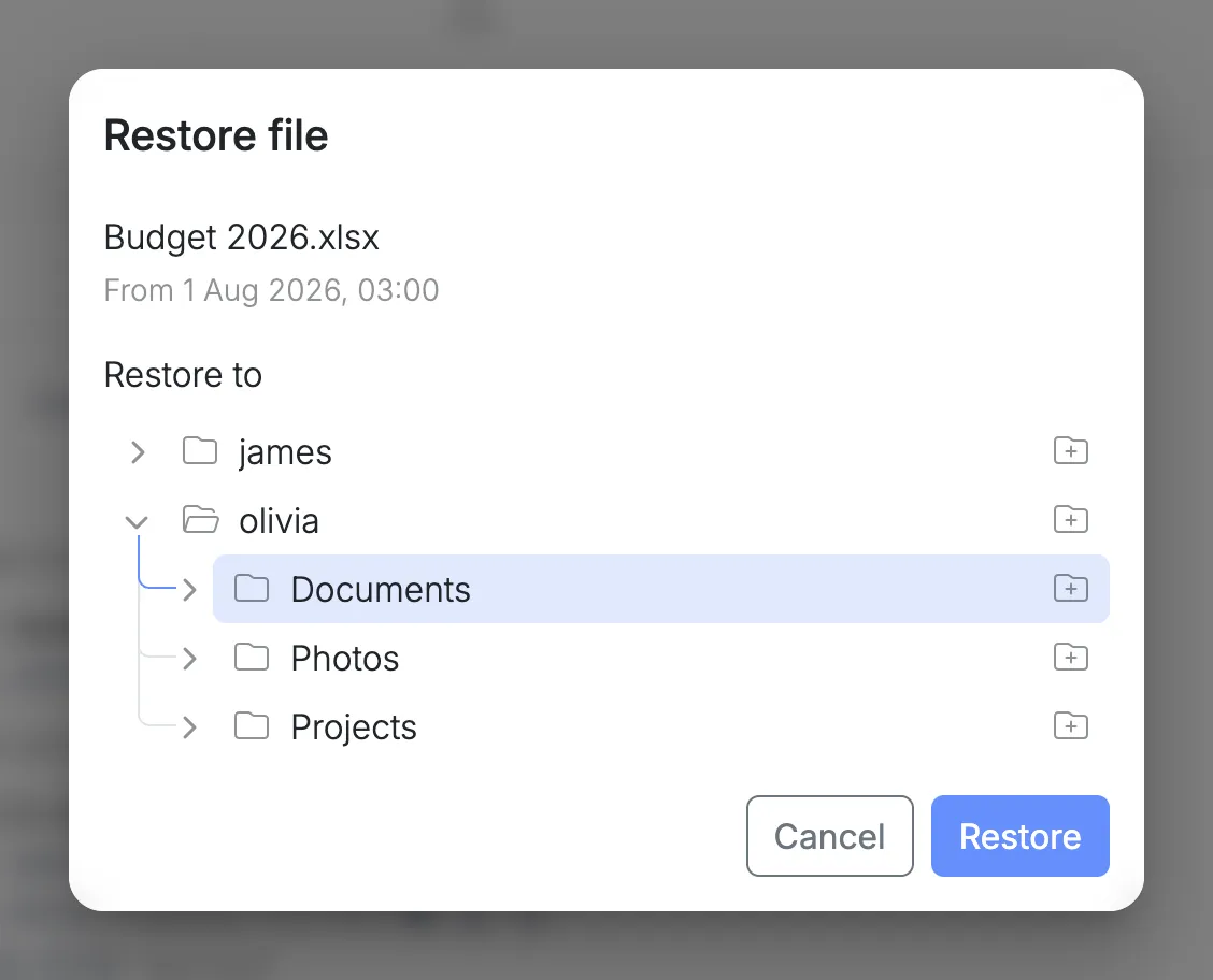 Restore file, with Budget 2026.xlsx from 1 August about to go back into Olivia’s Documents folder.