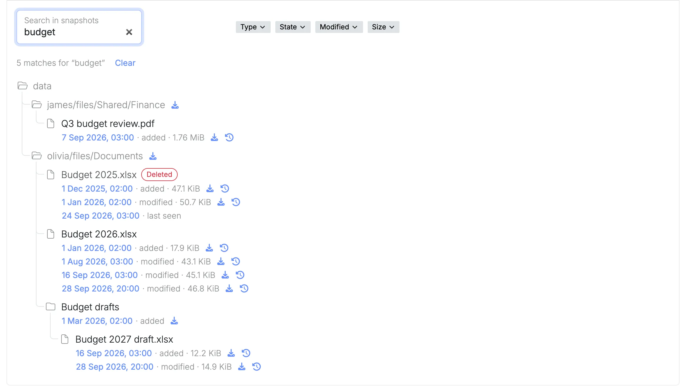 A search for “budget” in Nextcloud’s snapshots, listing each matching file with the restore points that hold a version of it, and one file marked Deleted.