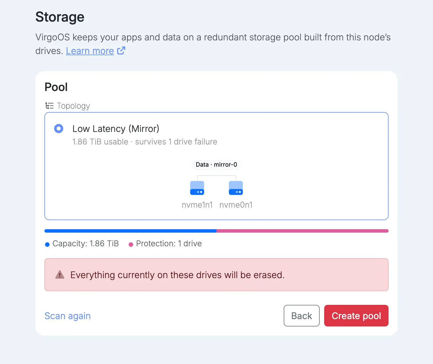 The Storage step of setup, with a mirror pool of two drives selected.