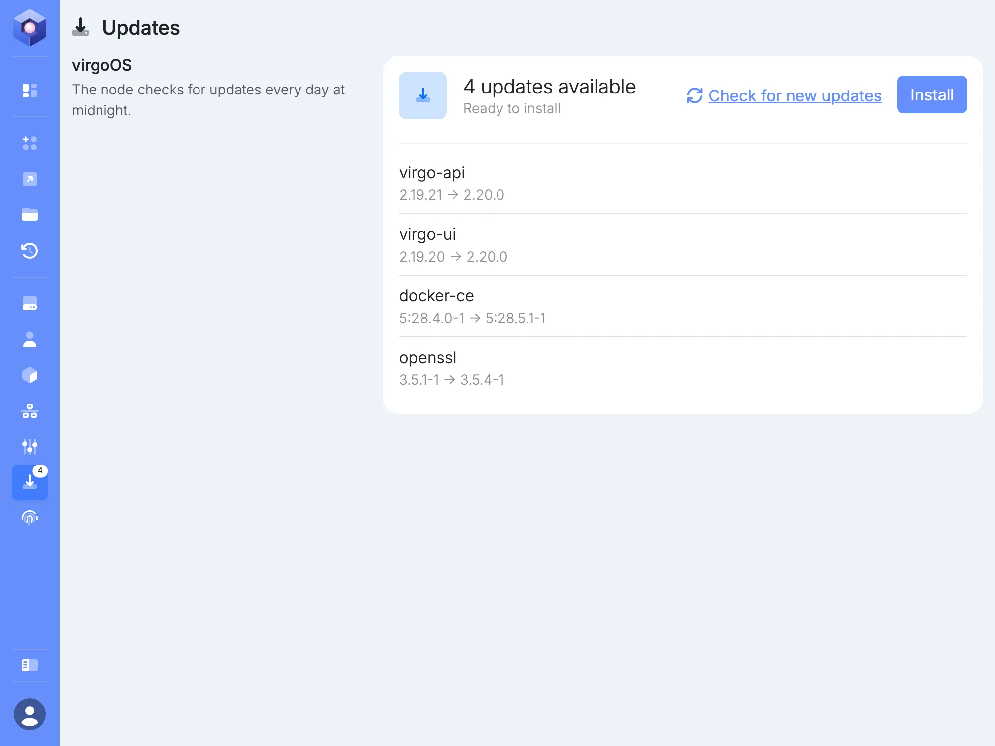 The Updates page, listing four available updates with their versions.