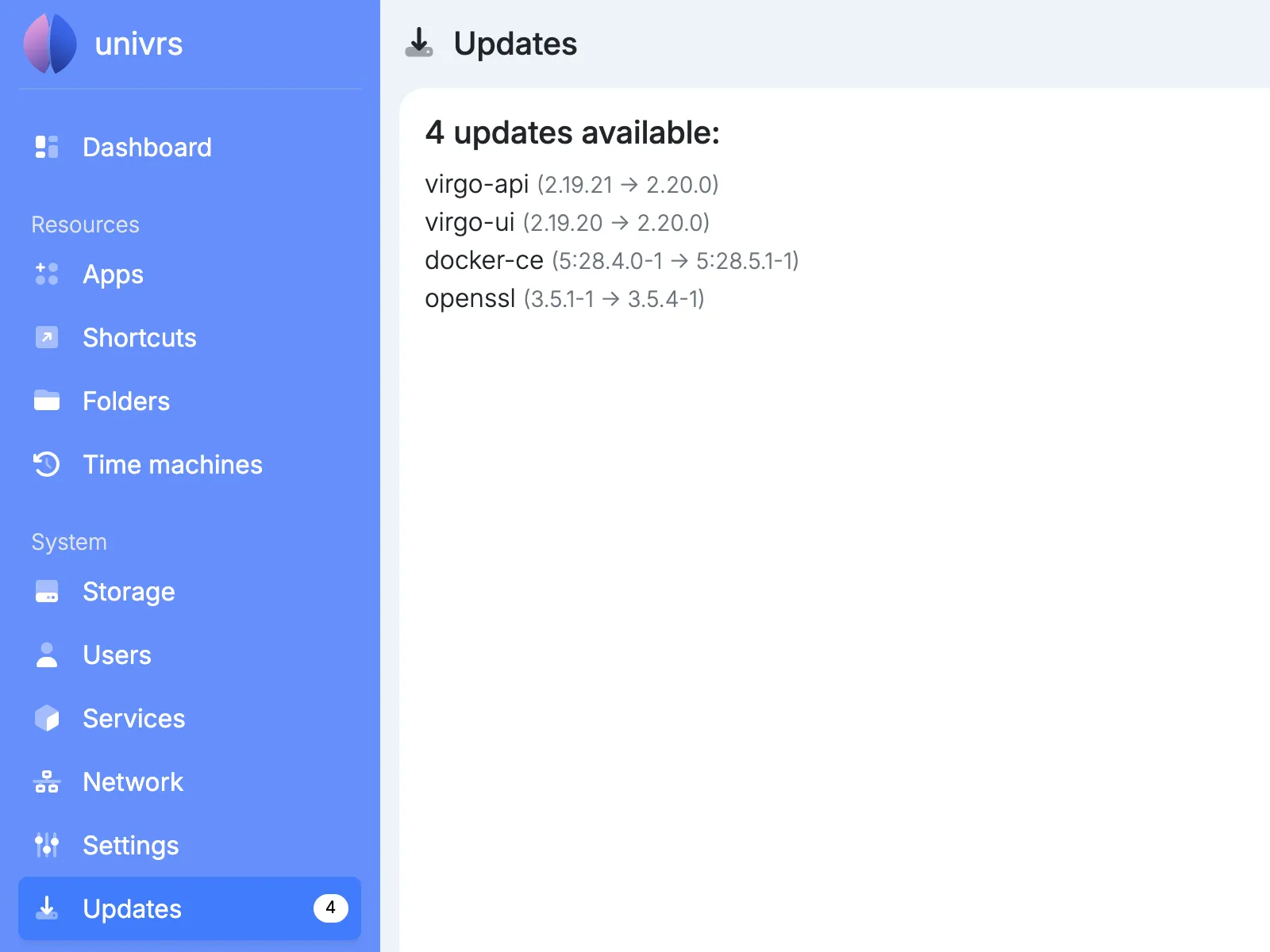 The Updates page, listing four available updates with their versions.